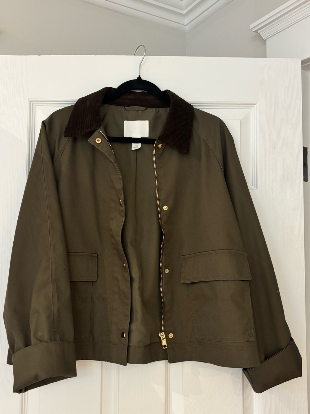 H&M Olive Green Utility Jacket with Brown Corduroy Collar